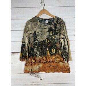 SML Sport Shirt Womens Large Halloween Haunted Pumpkins 3/4 Sleeve Made USA